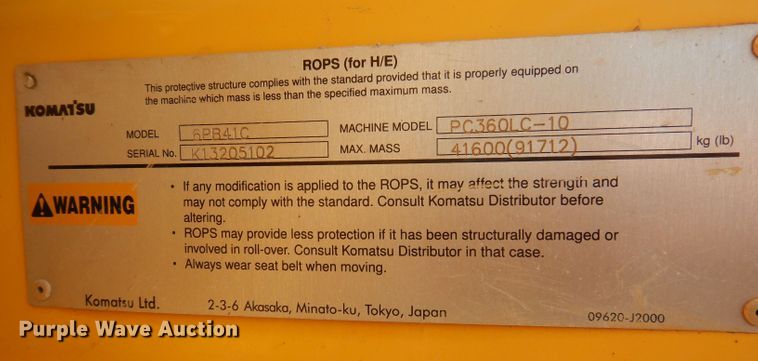 image for item DJ3842 2013 Komatsu PC360LC-10  excavator