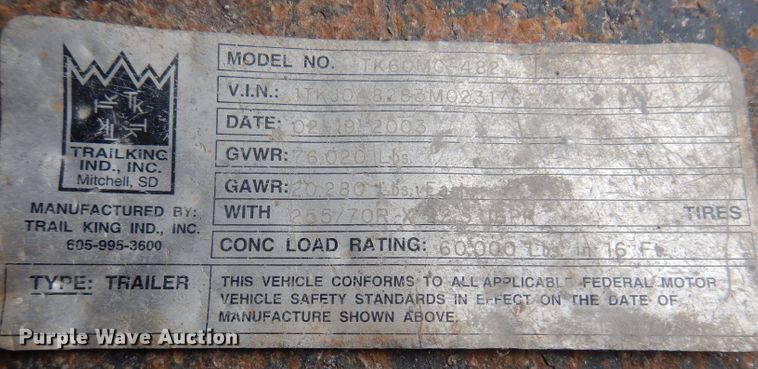 image for item DK2020 2003 Trail King TK60MG-482  lowboy equipment trailer