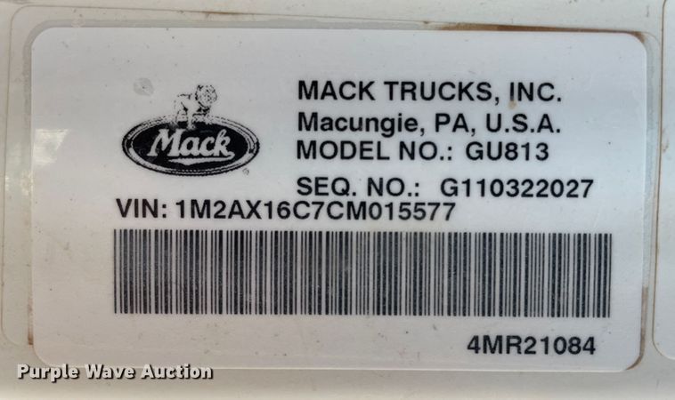 image for item DN5056 2012 Mack GU813  hydrovac truck