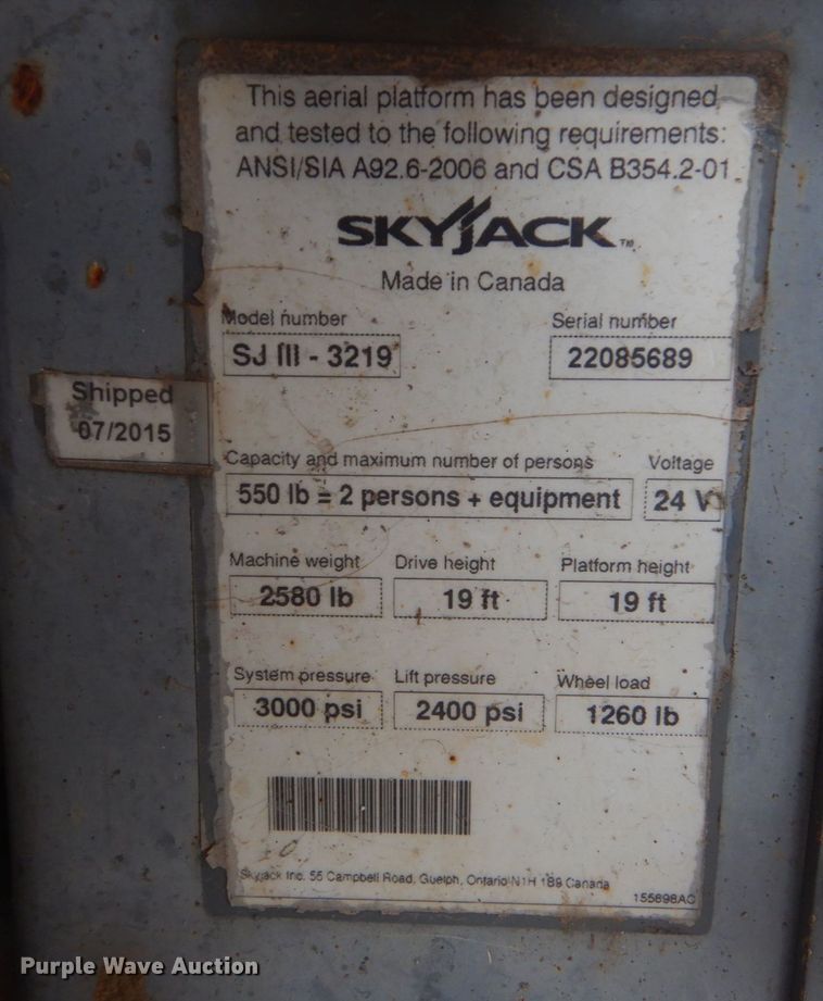 image for item DO1467 2015 Skyjack SJIII3219  scissor lift