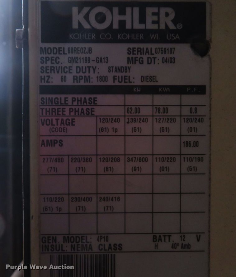 image for item FB9810 2003 Kohler 60REOZJB  generator