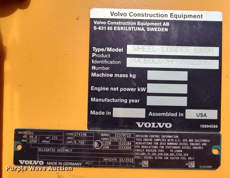 image for item JR9441 2019 Volvo L60H  wheel loader
