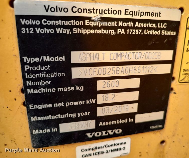 image for item JR9443 2019 Volvo DD25B  double drum vibratory roller