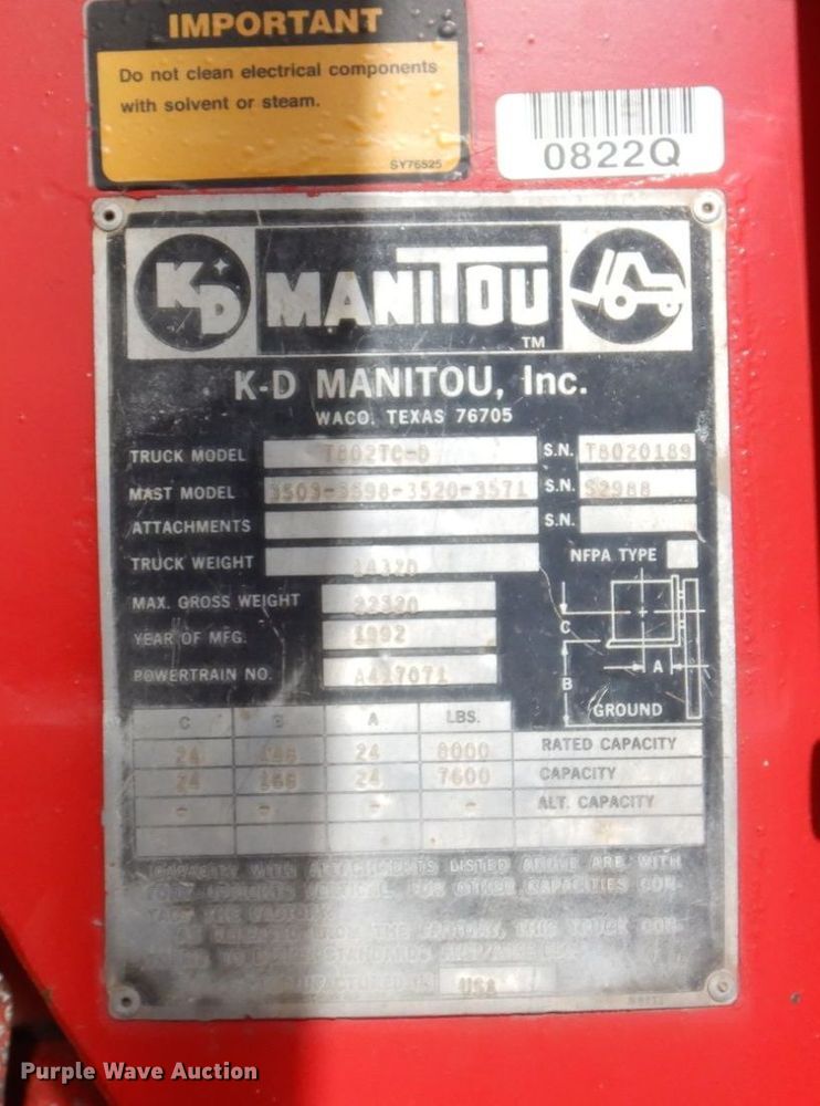 image for item KF9634 1992 Manitou T802 TC-D  forklift
