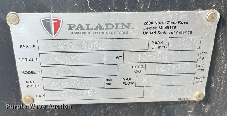 image for item KJ9725 2016 Paladin HSG82  skid steer grapple bucket