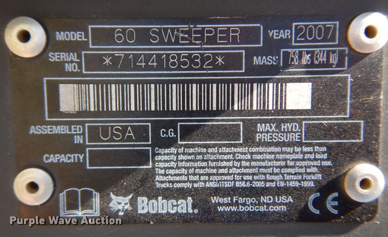 image for item DB7916 2007 Bobcat 60 Sweeper  skid steer sweeper