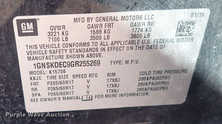 image for item DF5072 2016 Chevrolet Tahoe Police  SUV