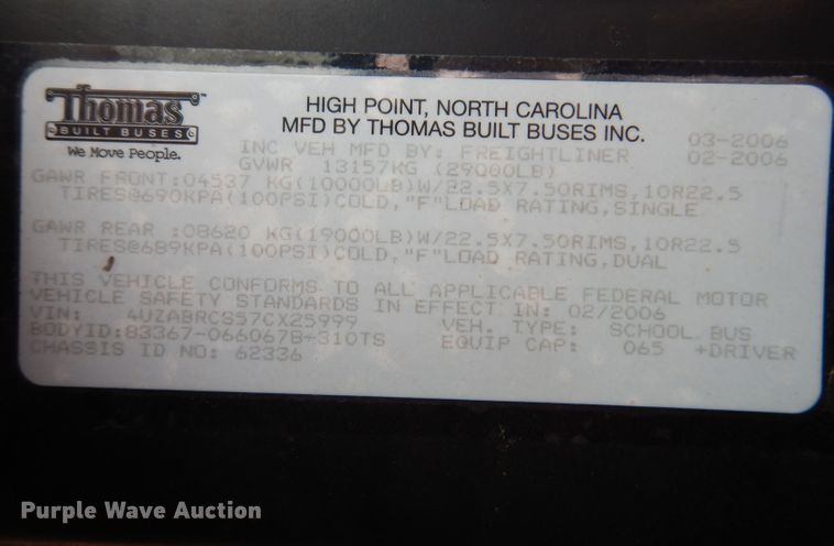 image for item KP9512 2007 Thomas Built B2  school bus