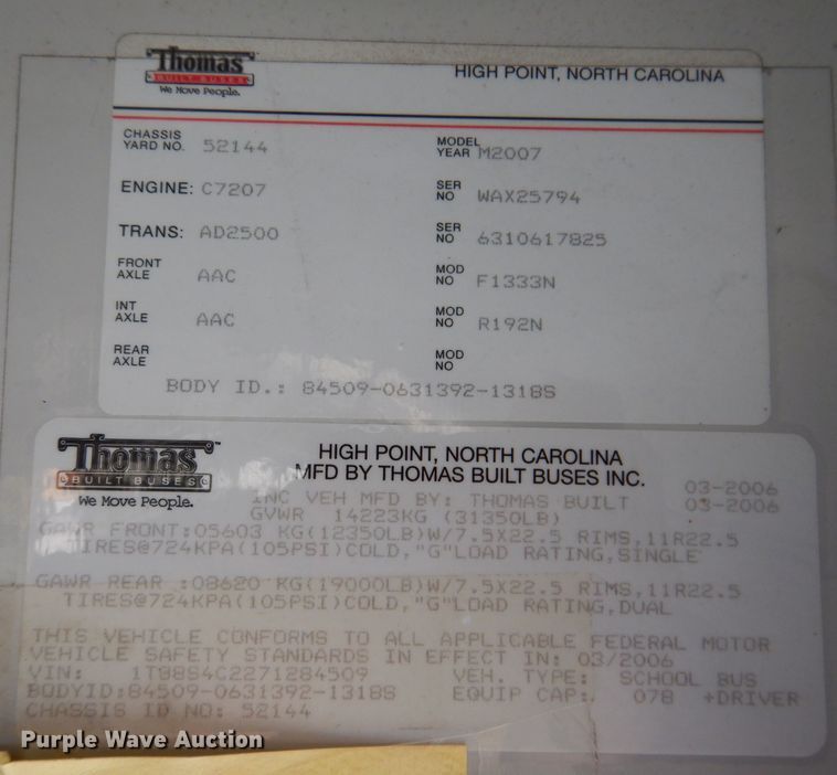 image for item KP9513 2007 Thomas Built Saf-T-Liner MVP EF  school bus