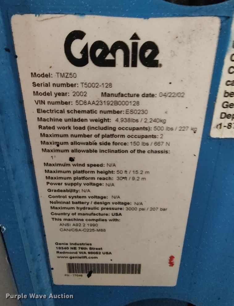 image for item LK9036 2002 Genie TMZ50  boom lift