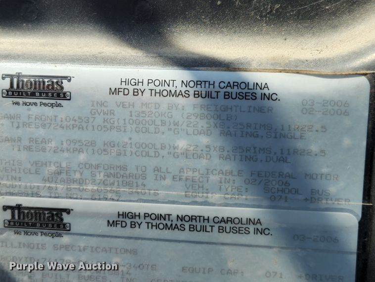 image for item MK9083 2007 Thomas Built B2  school bus