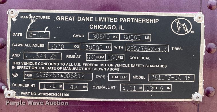 image for item DN5075 2000 Great Dane  dry van trailer