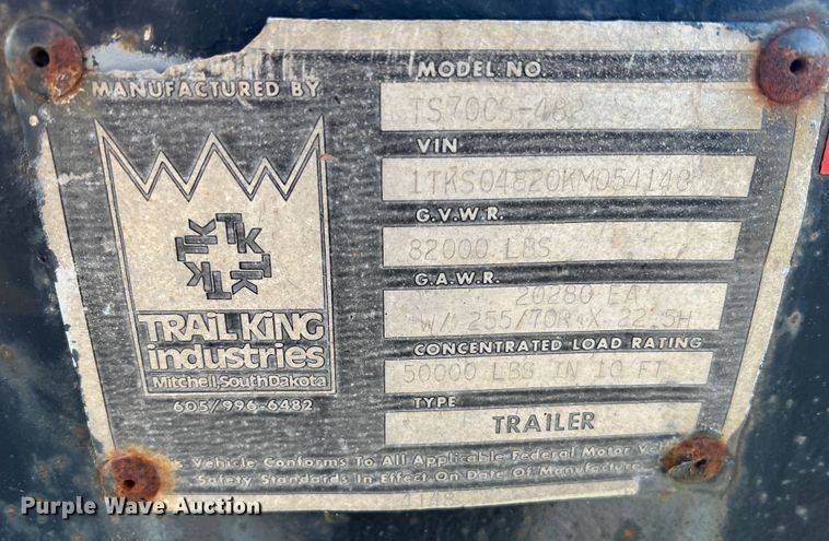 image for item JM9197 1989 Trail King TS70CS-482  drop deck trailer