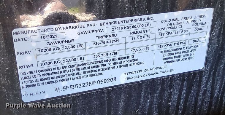 image for item JM9224 2022 Behnke Enterprise Inc. FB8X53SS-0TR-60SL  drop deck trailer