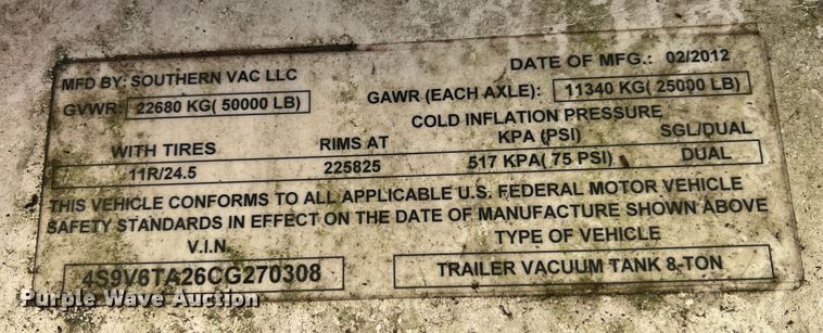 image for item JX9349 2012 Southern Vac  tank trailer