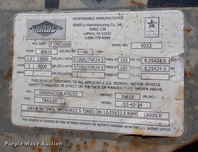 image for item MF9729 2008 Smith Co S3-42-34  side dump trailer