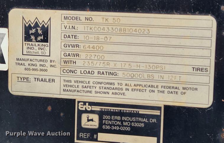 image for item MK9090 2008 Trail King TK50  drop deck equipment trailer