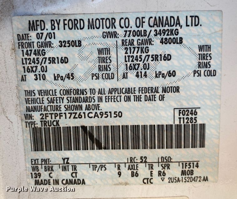 image for item DK6376 2001 Ford F150  pickup truck