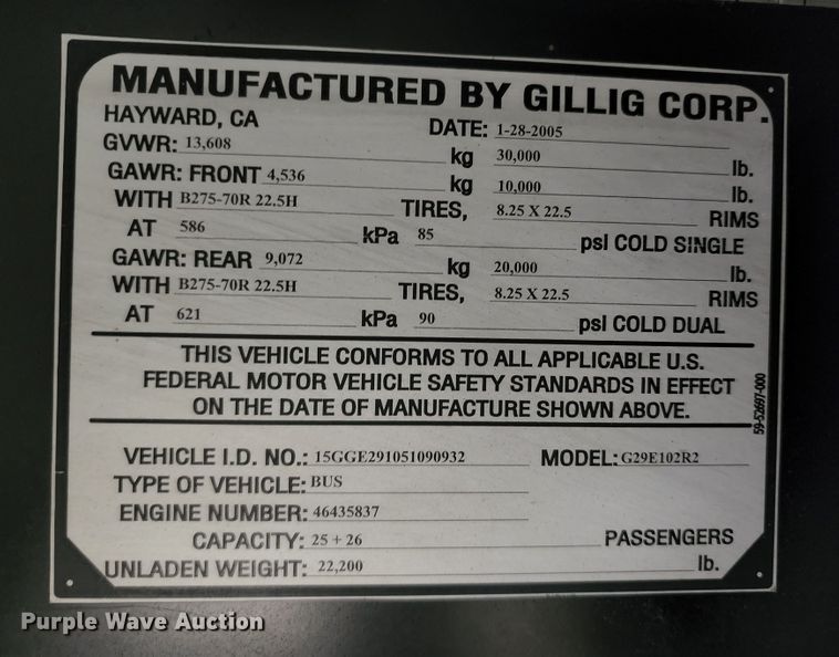 image for item JB9032 2005 Gillig G29E102R2  coach bus