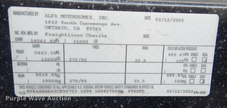 image for item KA9333 2002 Freightliner  RV