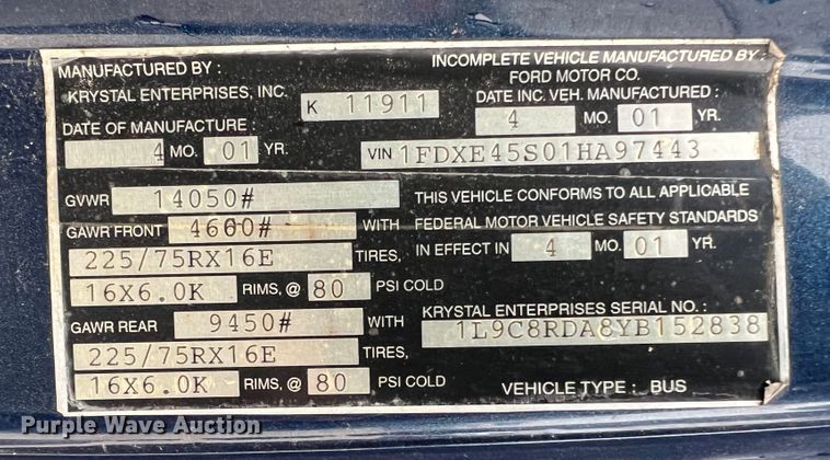 image for item KC9989 2001 Ford E450 Super Duty  party bus