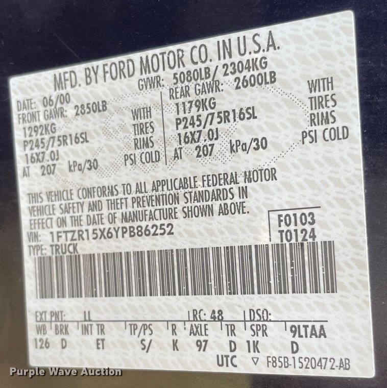 image for item KE9345 2000 Ford Ranger  SuperCab pickup truck