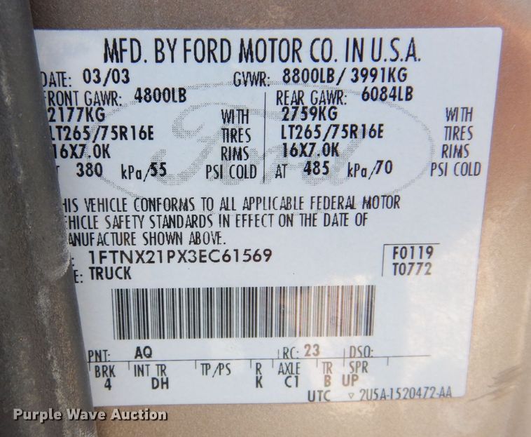 image for item KF9623 2003 Ford F250 Super Duty XLT  SuperCab pickup truck