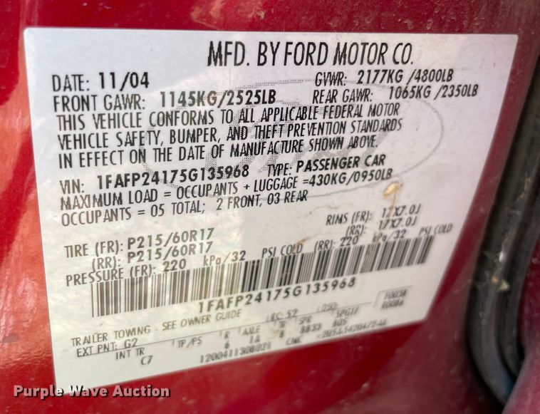 image for item KJ9709 2005 Ford Five Hundred SEL