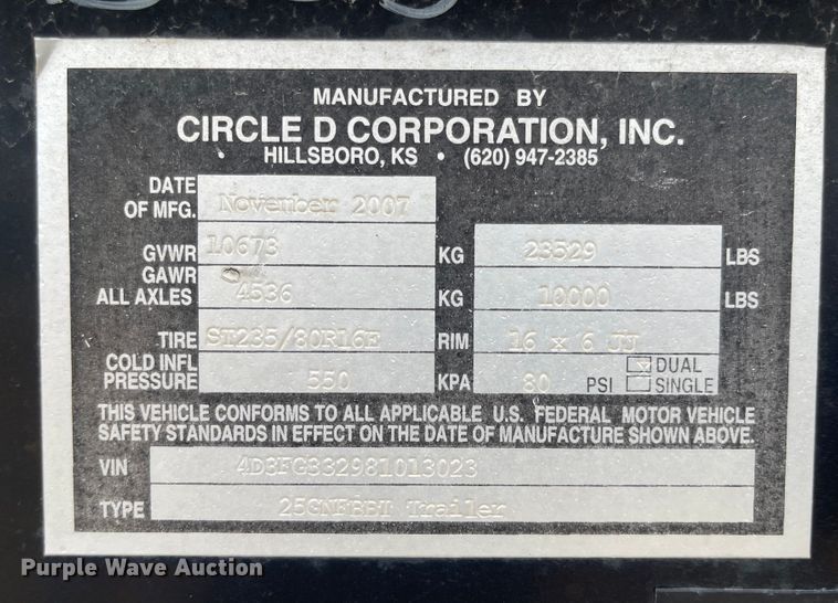 image for item MU9002 2008 Circle D 25GNFBBT  equipment trailer