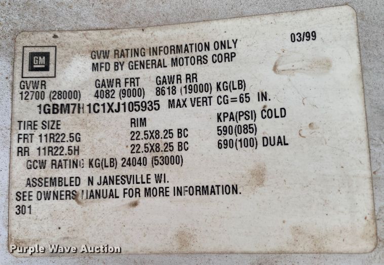 image for item DK6371 1999 Chevrolet C7500  dump truck