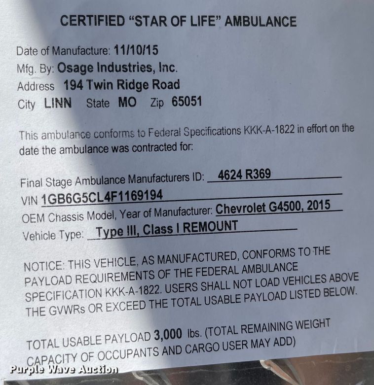 image for item MU9008 2015 Chevrolet Express G4500  ambulance