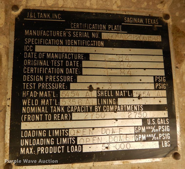 image for item DK0359 1984 J&L Tank  tank tender grain trailer