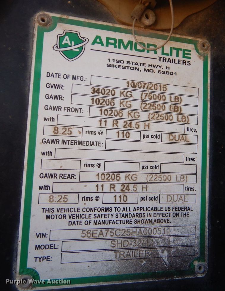 image for item DK6997 2017 Armor Lite SHD32  end dump trailer