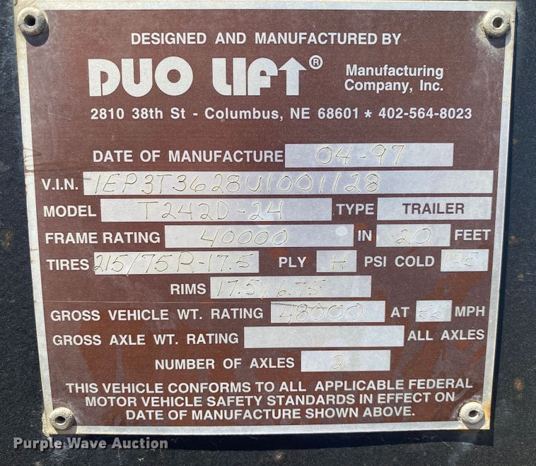 image for item JW9472 1997 Duo Lift T242D-24  drop tilt deck equipment trailer