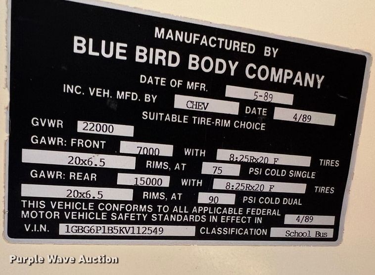 image for item DJ7712 1989 Chevrolet B60  school bus