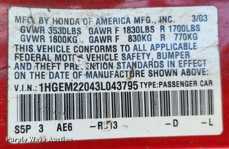 image for item JB9098 2003 Honda Civic