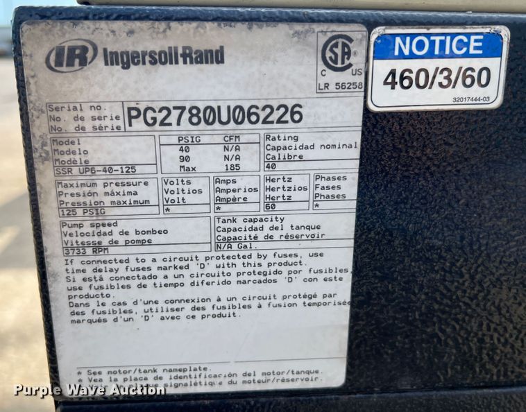 image for item JM9244 Ingersoll Rand SSR UP6-30-125  air compressor