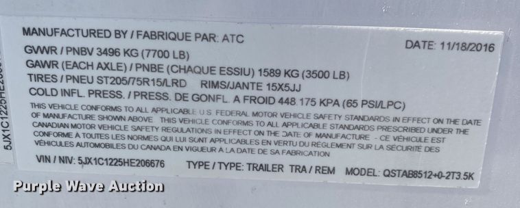 image for item JW9480 2017 Aluminum Trailer Company QSTAB85  fiber optic trailer