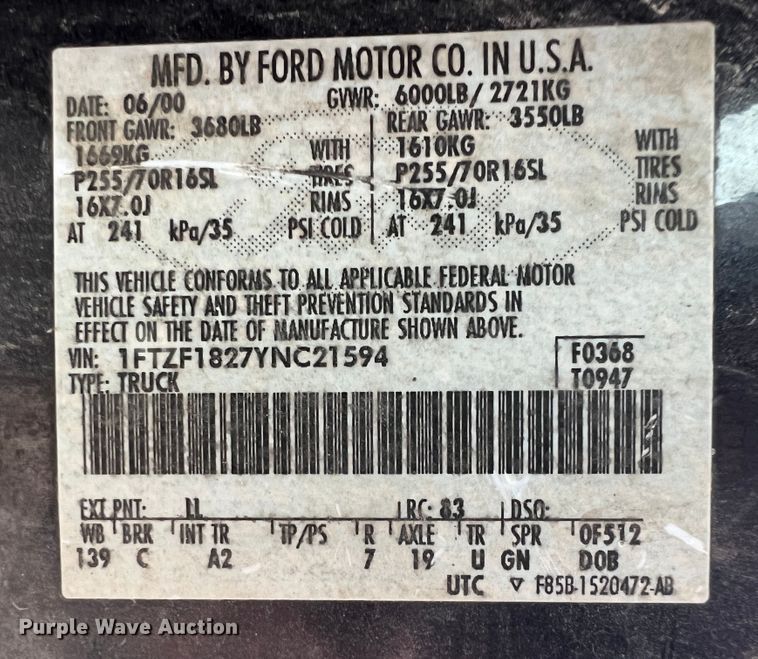 image for item JX9455 2000 Ford F150  bale bed pickup truck