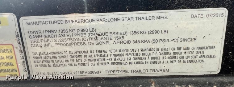 image for item JX9486 2015 Lonestar  utility trailer