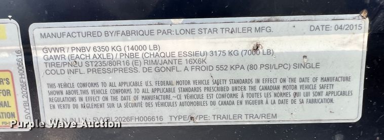 image for item JX9487 2015 Lonestar  tilt deck equipment trailer