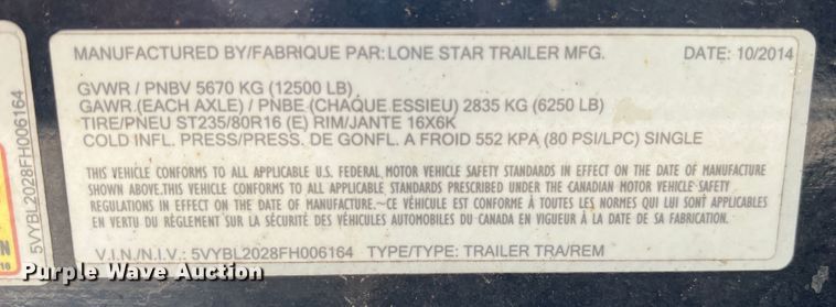 image for item JX9489 2015 Lonestar  equipment trailer