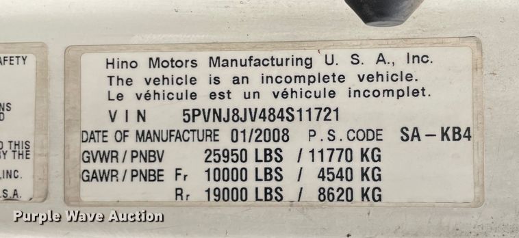 image for item KF9576 2008 Hino  box truck