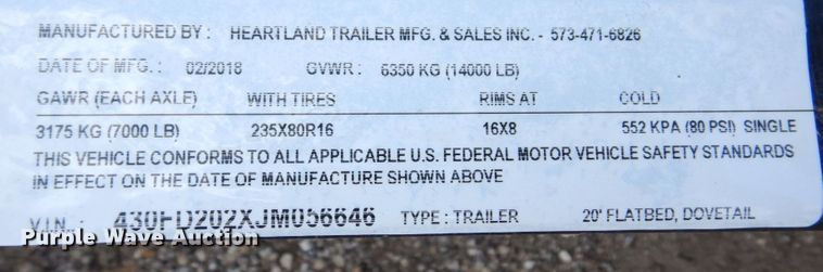 image for item KF9590 2018 Heartland Trailer Mfg.  equipment trailer