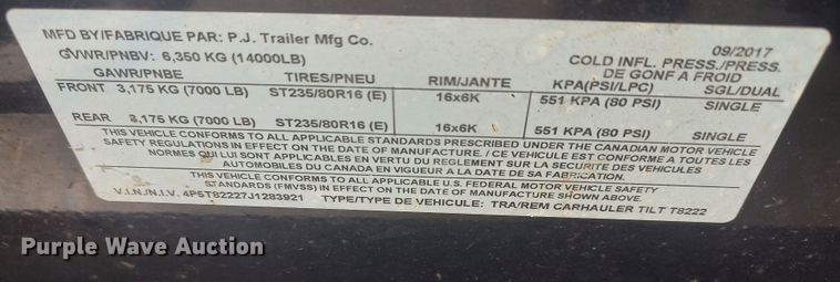 image for item LK9087 2018 PJ  tilt deck equipment trailer