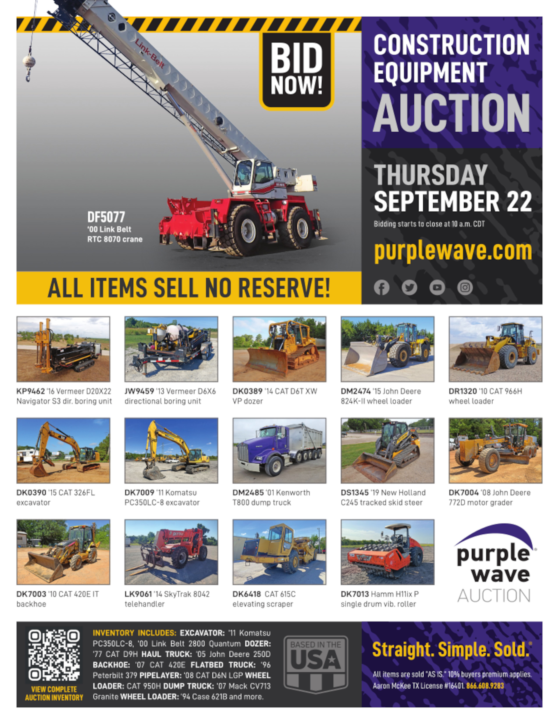 SOLD! Construction Equipment Auction Items Sold 9222022 Purple Wave