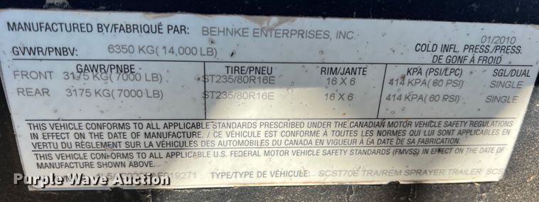 image for item DJ7703 2010 Behnke  sprayer trailer