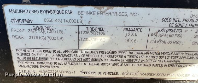 image for item DJ7703 2010 Behnke  sprayer trailer