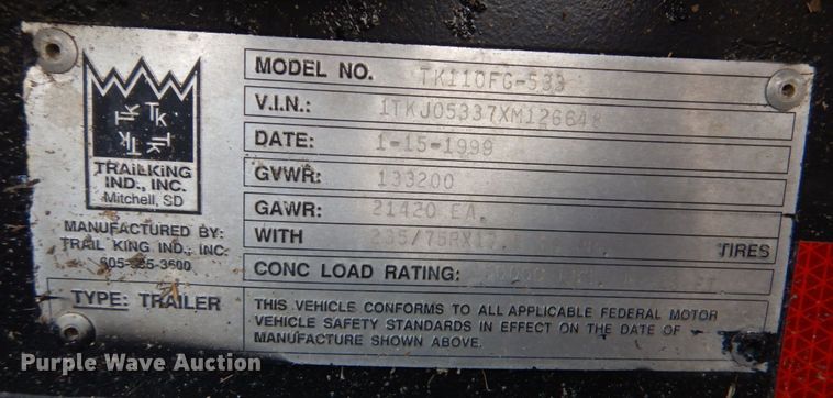 image for item DO1508 1999 Trail King TK110FG533  lowboy equipment trailer