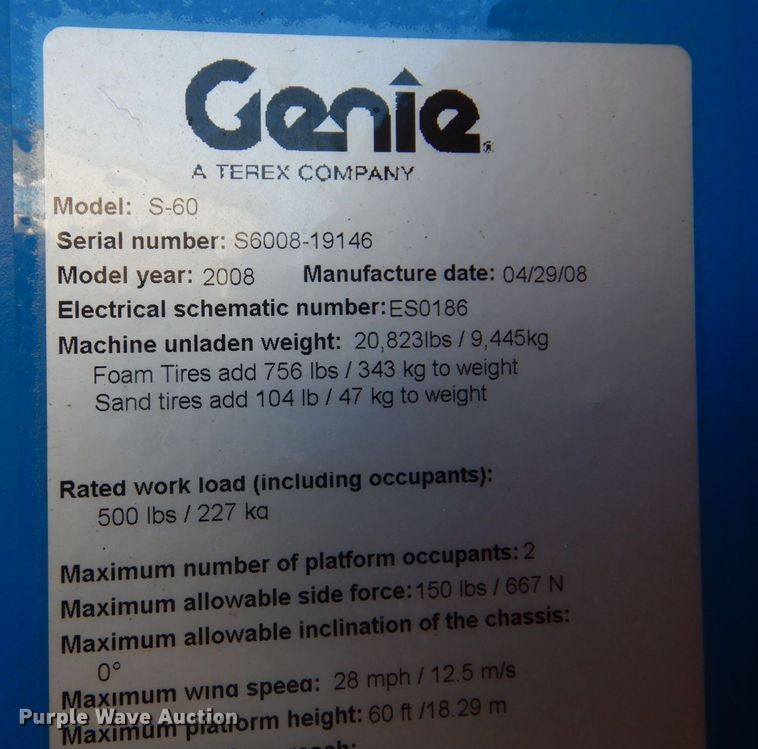 image for item DQ7216 2008 Genie S-60  boom lift